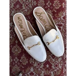 SAM EDELMAN Linnie White Leather Gold Horsebit Mule Flat Loafer Slides Sz 7 NWOT